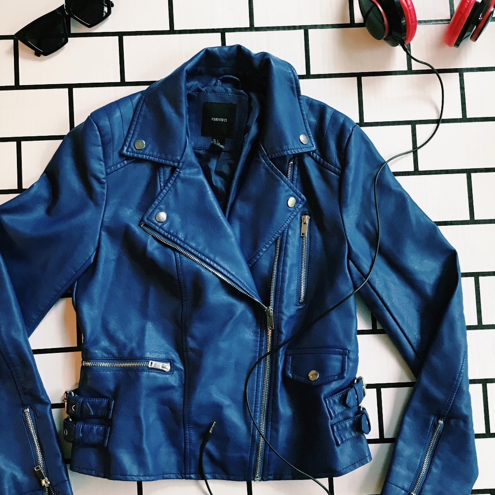 Blue Leather Moto Jacket